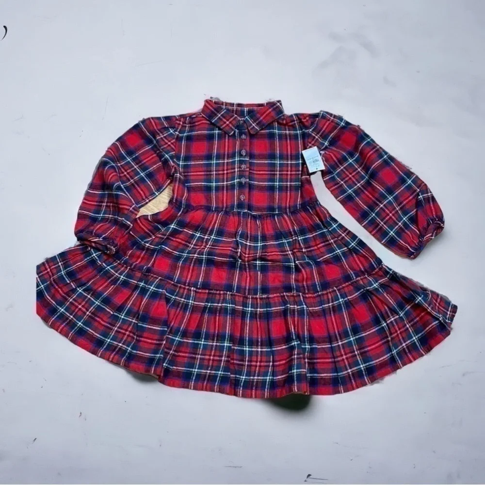 Old Navy Tartan Plaid Tiered Dress NWT 4T Red Blue Green Long Puff Sleeve